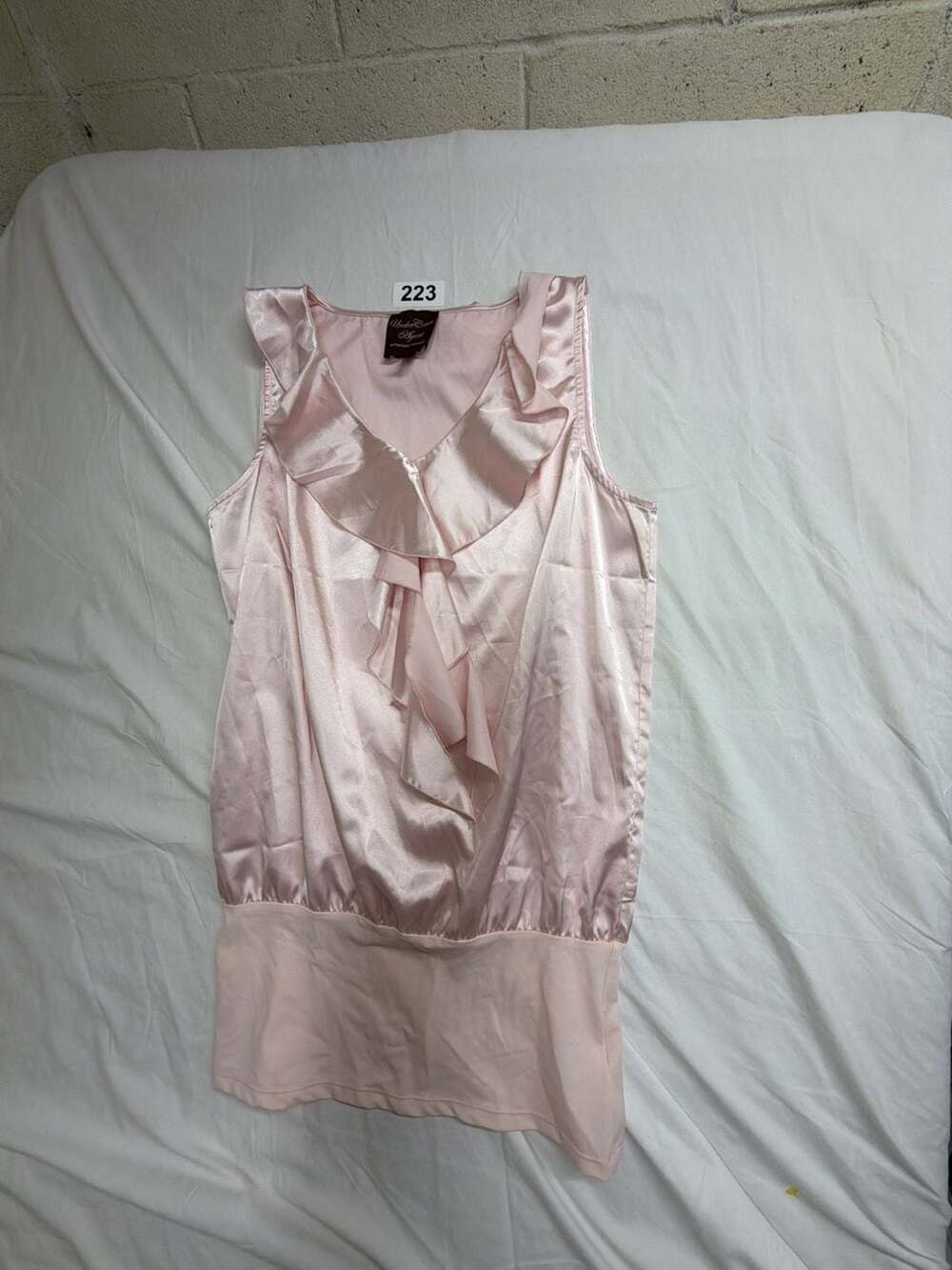 UnderCover Agent by Kathleen Kirkwood Pink Satin Ruffle Front Blouse Size S